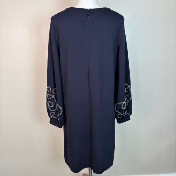 Ann Taylor Shift Dress Medium Navy Blue Embroidered Sleeves Ponte Knit Stretch - Picture 6 of 12